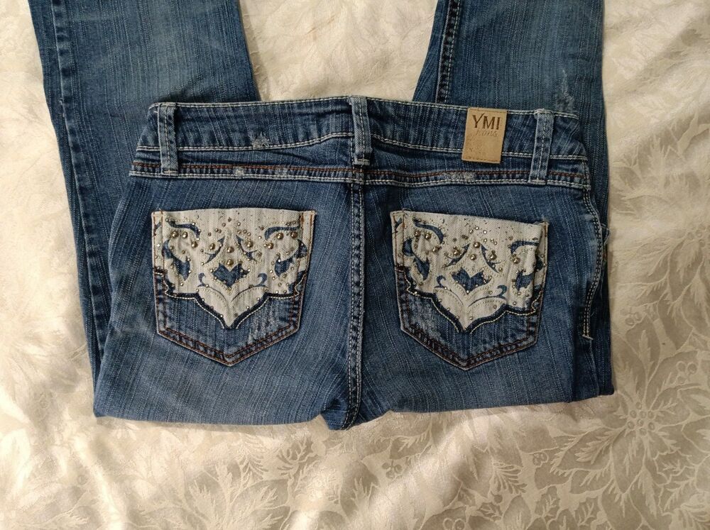 YMI Jeans USA Jeans Womens 7 Junior Blue Embellished Stretchy Lowrise Skinny Y2K